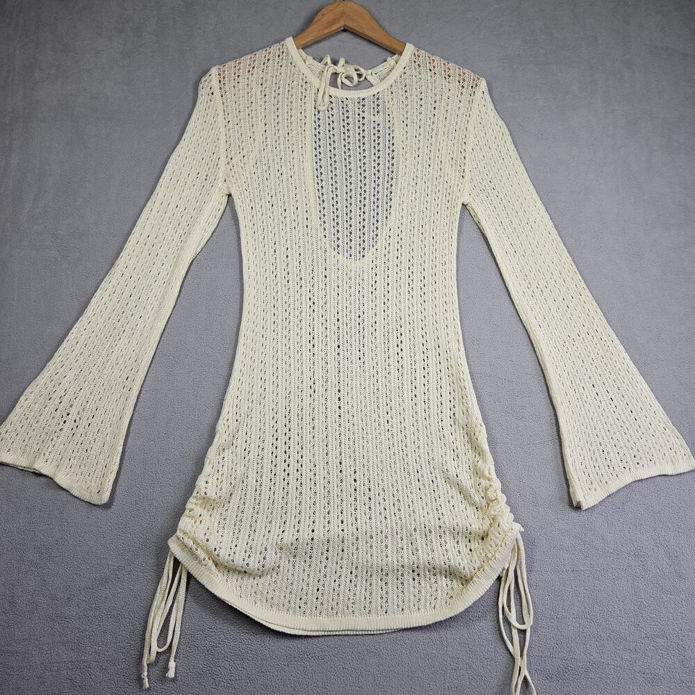 Crochet Cover Up Dress Women Medium Bell Sleeve Cinch Sides Open Knit Beige Swim